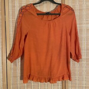 Unique Spectrum Women's S Orange Textured 3/4 Sleeve Tunic‎ Lace Arms Boho